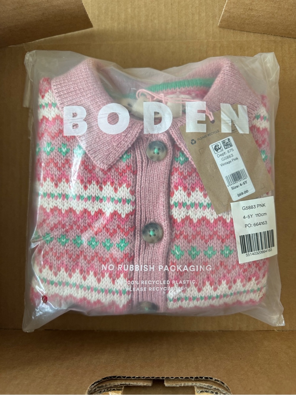 NWT Mini Boden kids fair isle collar pink sweater 100% cotton cardigan sz 5-6 - Picture 4 of 4